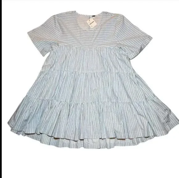 Free People Blue Stripe Babydoll Mini Dress Tiered Short Sleeve Size M NWT - Picture 2 of 8